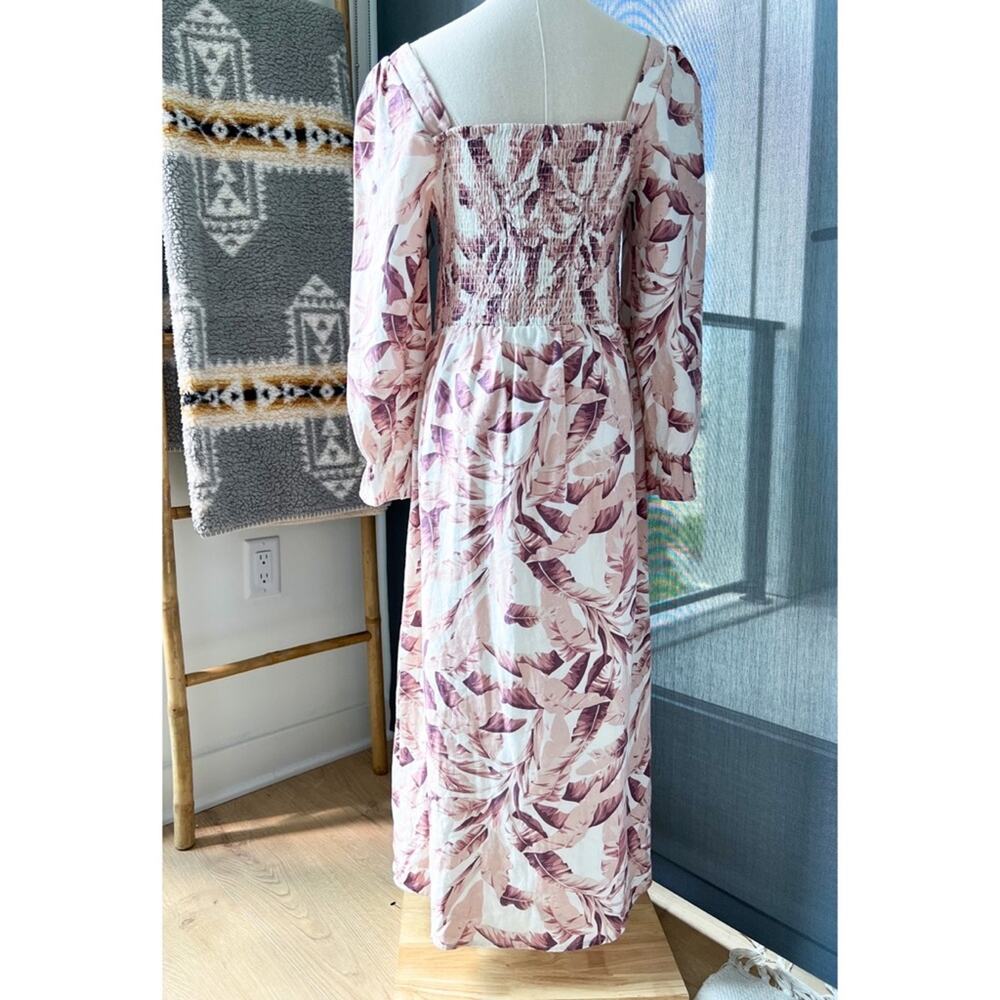 House Of Harlow 1960 White Pink Linen Blend Long Puff Sleeves Midi Dress Medium - Picture 4 of 9